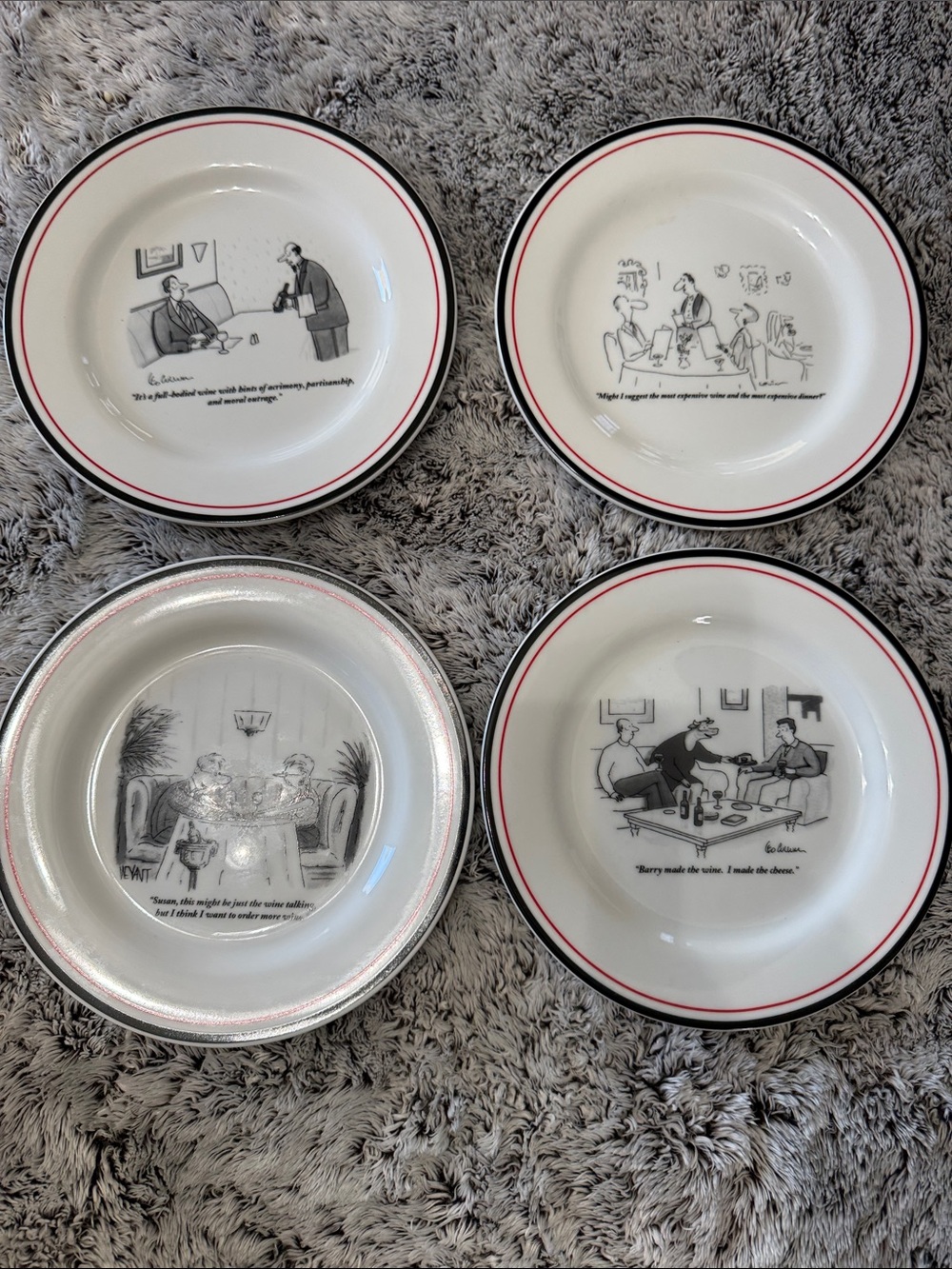 The New Yorker Cartoon Cheese Snack Plates Wine Theme Lot of 4 Dates 1993-2003